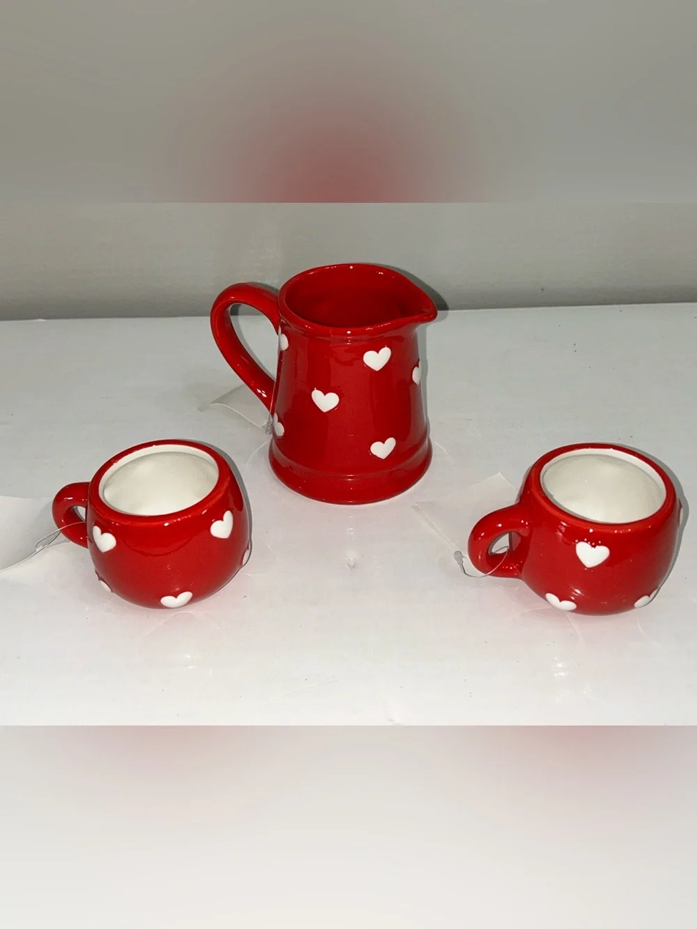 Hobby Lobby Red Ceramic Creamer & Mini Mugs Cups Set with White Hearts
